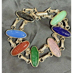 Glass Molded Scarab Panel Bracelet Egyptian Revival Long Scarabs Gold Tone